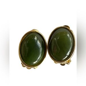 Polcini Earrings Clip Olive Green Oval Tourmaline Cabachon Stone Gold Hardware